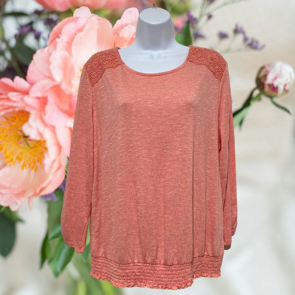 Apt. 9-Women's XL Pullover Top Peach Long Sleeve Floral Shoulder Light Weight